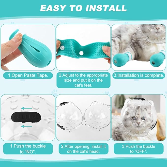 Cat Muzzle for Grooming, Adjustable Breathable Transparent Cat Astronaut Helmet with 4 Silicone Paw Shoes for Bath Nail Trimming(Size:M)