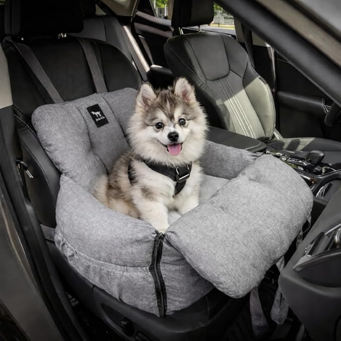 JACKO & CO Premium Dog Car Seat – Safe & Cozy Travel Bed Carrier for Small Dogs, Puppies, Pets, Clip-On Leash, Storage Pockets, Water-Resistant, Machine Wash (Grey, Removable - Medium (1-25lbs))