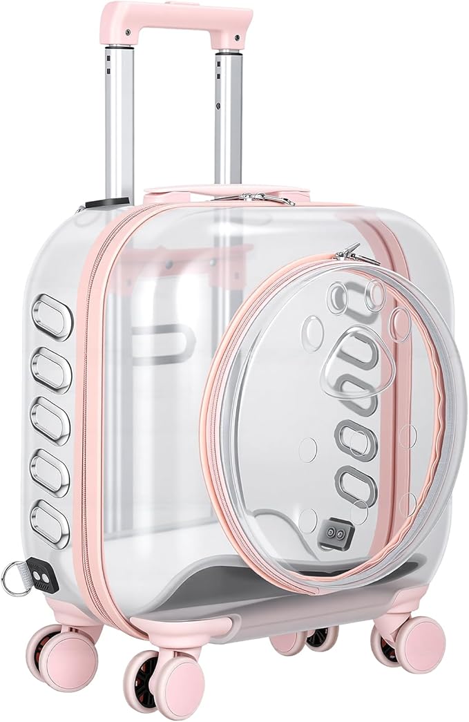 Cat Carrier Hard Shell Transparent Pet Trolley Box with Wheels, Pet Rolling Backpack with Telescopic Handle, Detachable Shoulder Strap, for Travel Outdoor Pink