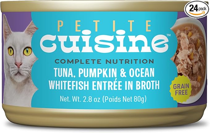 PETITE CUISINE Whole Foods Wet Cat Food, Tuna, Pumpkin & Ocean Whitefish Entree in Broth, 2.8 oz. Can (24 Count)