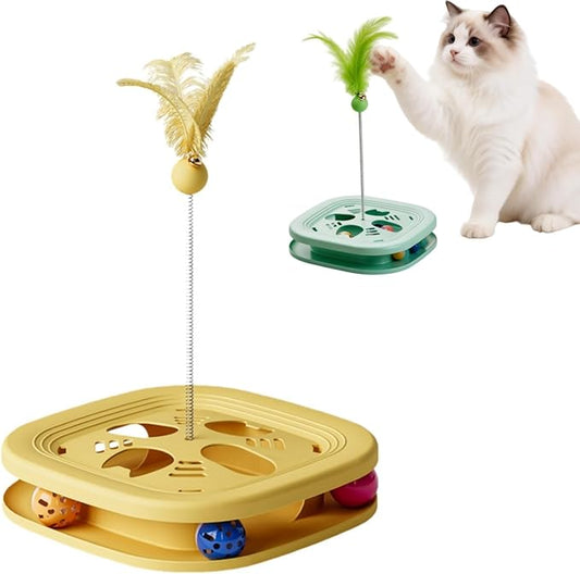 Interactive Cat Toys for Indoor Cats, 2-in-1 Kitten Toys with Balls & Feathers, BPA-Free Safe Material, Non-Slip Base, Sturdy and Durable (Yellow)