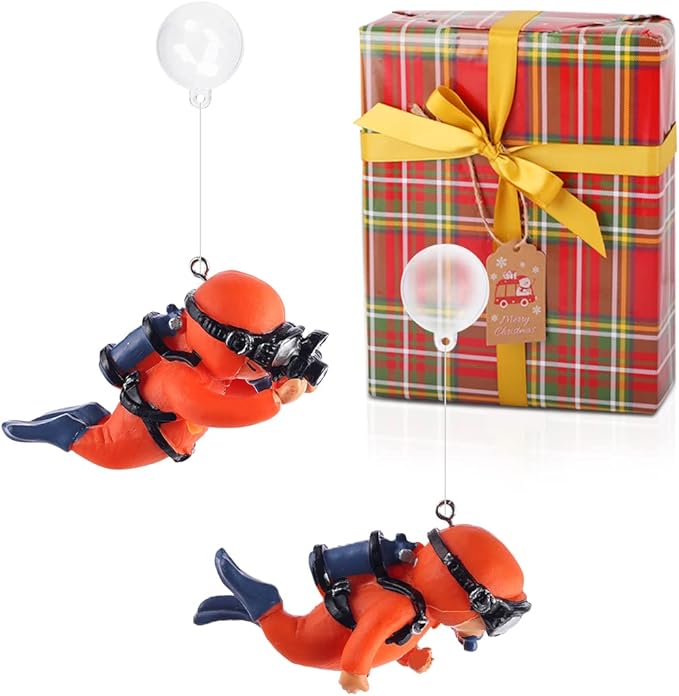 Gift Wrapped 2 Pack Fish Tank Decorations, Aquarium Ornaments Diver with Floating Device Aquarium Accessories Fishes Pet Toys for Freshwater Saltwater Aquarium (2Pcs Orange G)