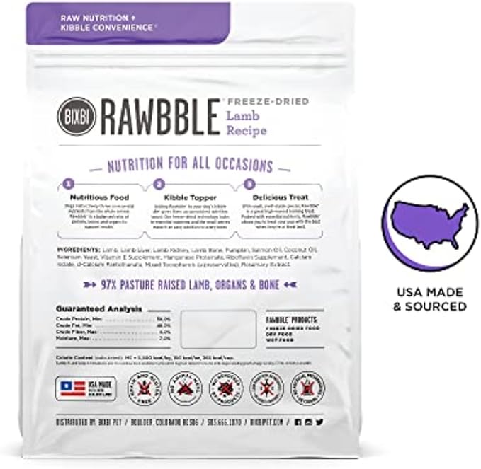 BIXBI Liberty Freeze-Dried Dog Food Topper & Treats, Lamb – 97% Meat & Organs, No Refrigeration – USA Made, 26 oz