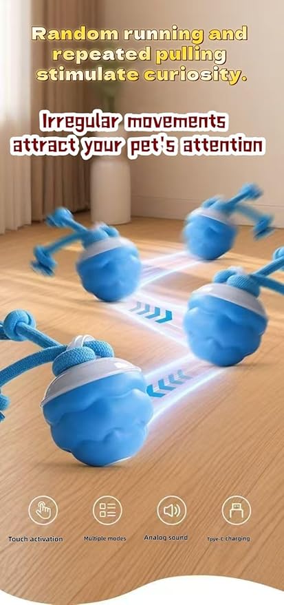 Interactive Dog Toy Ball with Smart Obstacle Avoidance, Irregular Movement, and Simulated Bird Calls, Suitable for Dogs and Cats. Type-C Charging (Blue, with 1 Free Knot).