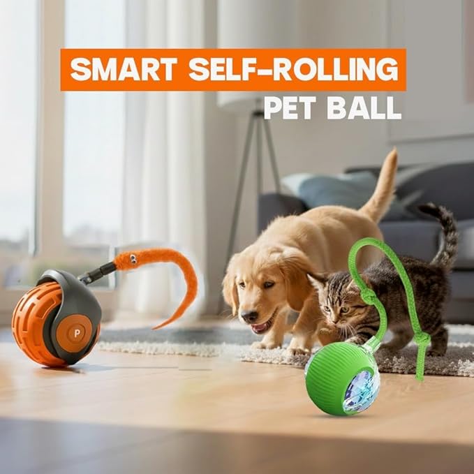 Interactive Cat Ball Toy – Smart Rolling Pet Ball with Obstacle Avoidance, USB Rechargeable, Cord Tail Design – Fun Enrichment Toy for Indoor Cats & Small Dogs (Orange + Green)