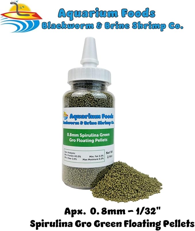 0.8mm Micro Spirulina Green Gro Floating Pellets for Guppies, Tetras, Bettas, Nano Fish, All Baby Fish…2.4oz Squeeze Bottle