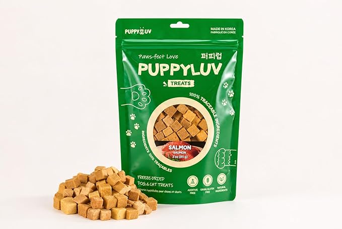 Puppyluv Treat - Freeze Dried Salmon Dog & Cat Treats, Wild Caught, Single Ingredient, High Protein, Omega 3/6/9, Grain Free, Gluten Free, 3.0oz