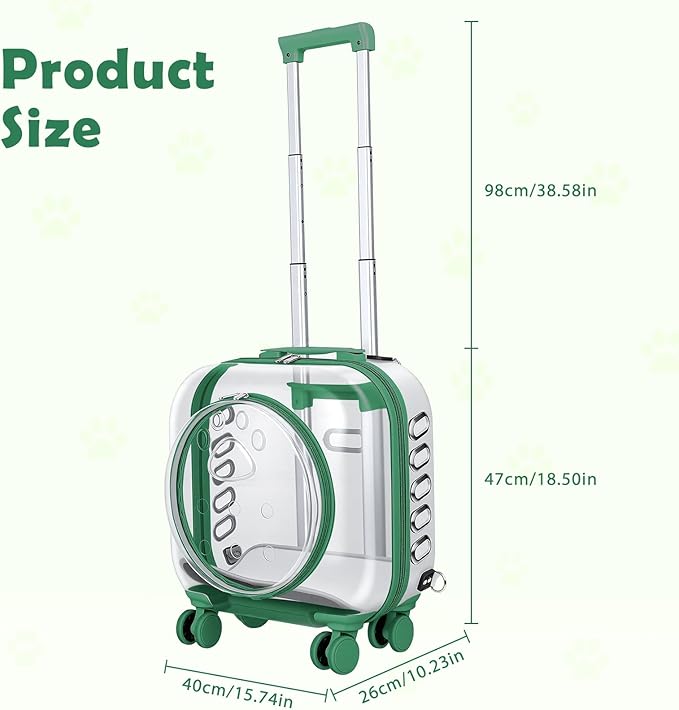 Cat Carrier Hard Shell Transparent Pet Trolley Box with Wheels, Pet Rolling Backpack with Telescopic Handle, Detachable Shoulder Strap, for Travel Outdoor Green