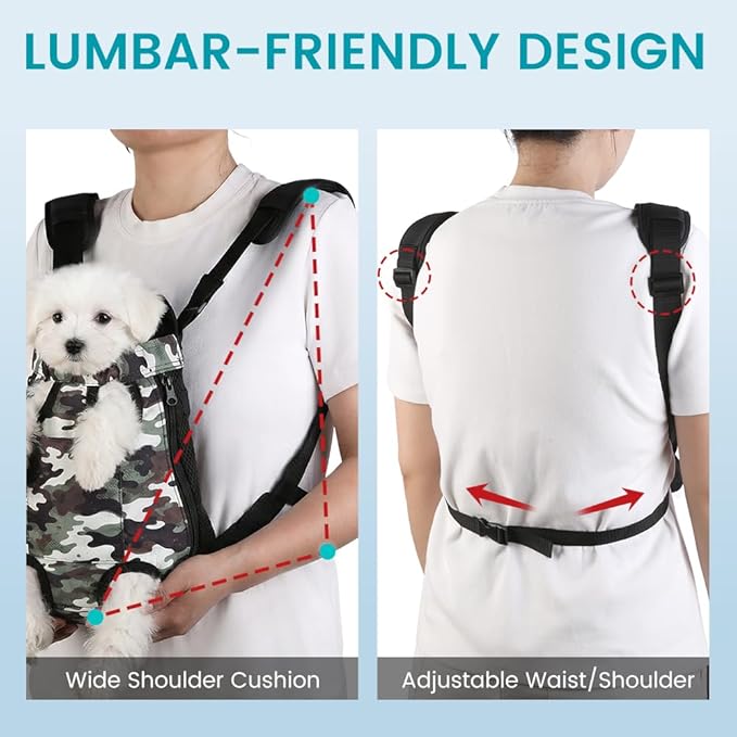 Dog Backpack Carrier, Front Pocket for Essentials, Legs Out Carrying Sling Travel Bag for Small Medium Dogs 4-7 Lbs, Soft Wearable Puppy Chest Carry Backpacks for Walking/Hiking/Camping/Traveling