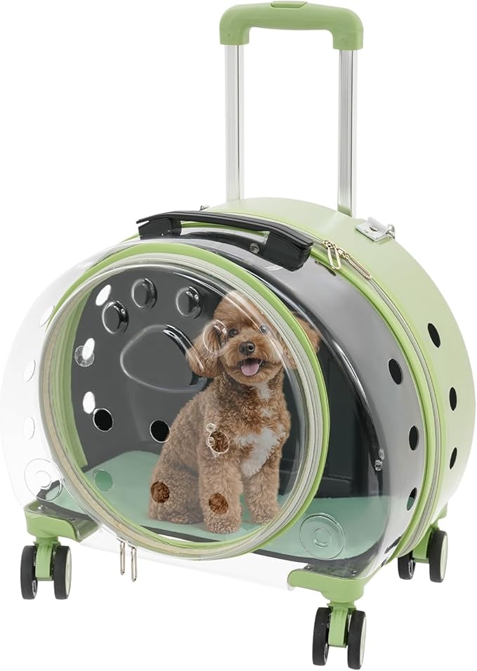 4-Wheel Rolling Cat Carrier, Hard Shell Pet Carrier with Ventilation Holes, Adjustable Handle Cat Travel Carrier, Lightweight Pet Stroller for Airplane, Car, Fits Pets up to 19.8lbs (Green)