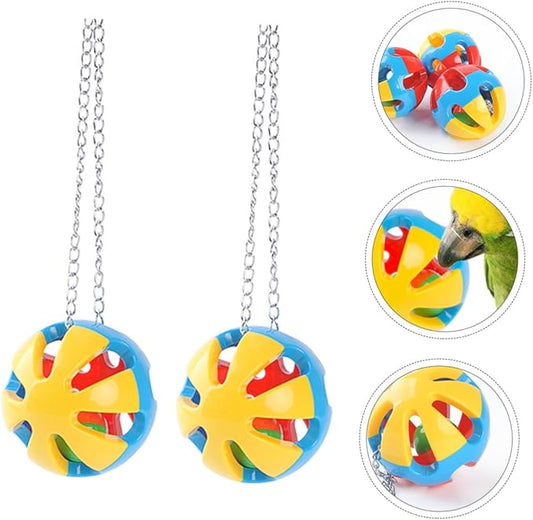 DOITOOL 2pcs Tricolor Hanging Parrot Balls 8cm Diameter Plastic Chewing Plaything for Pet Birds Cage Accessories