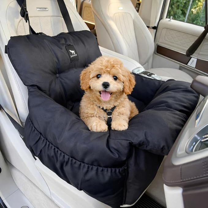 JACKO & CO Premium Dog Car Seat – Safe & Cozy Travel Bed Carrier for Small Dogs, Puppies, Pets, Clip-On Leash, Storage Pockets, Water-Resistant, Machine Wash (Black, Standard Small (1-25lbs))
