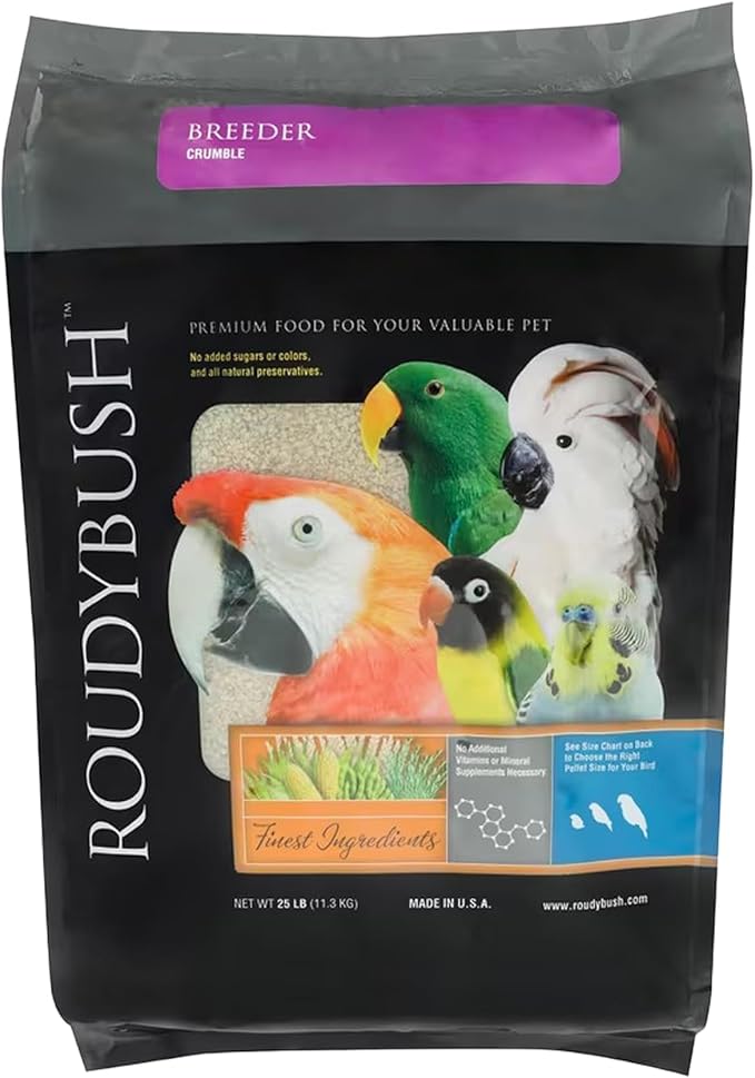 Roudybush Breeder Food for Overweight Breeding Birds - Scientifically Formulated Bird Feed - Bird Food Pellets w/ Corn, Wheat, Soy & More - Nutritious & Safe Feed for Birds (Crumble, 25lb)