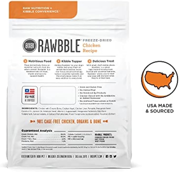 BIXBI Liberty Freeze-Dried Dog Food Topper & Treats, Chicken – 98% Meat & Organs, No Refrigeration – USA Made, 4.5 oz