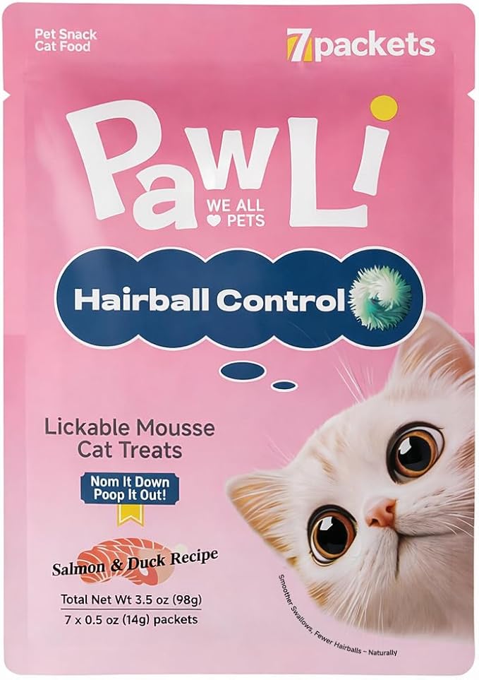 PAWLI Hairball Control Lickable Cat Treats, Squeeze Cat Treats for Hairball Relief & Digestive Support, Anti Hairball Cat Snacks, Grain-Free, 7 Count