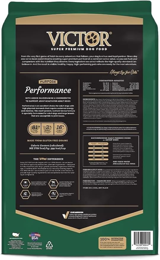 VICTOR Super Premium Dog Food – Performance Dry Dog Food from Beef, Chicken and Pork Meal – 26% Protein for Active Adult Dogs – Includes Glucosamine and Chondroitin for Hip and Joint Health, 40lbs