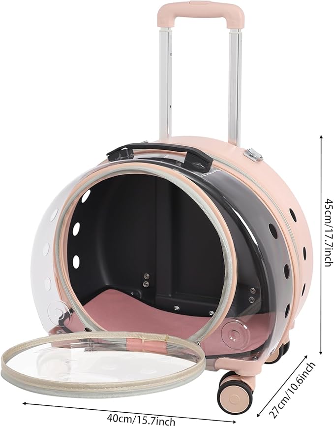 4-Wheel Rolling Cat Carrier, Hard Shell Pet Carrier with Ventilation Holes, Adjustable Handle Cat Travel Carrier, Lightweight Pet Stroller for Airplane, Car, Fits Pets up to 19.8lbs (Pink)