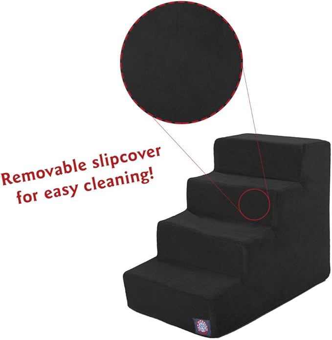 Majestic Pet 4 Step Portable Dog Stairs for Small Dogs to get on Bed Supports 25 lbs or Less – Dog Steps for High Bed with Machine Washable Cover – Pet Stairs for Cats Suede Black