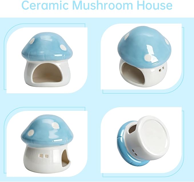 AnRui Ceramic Mushroom Aquarium Decor Cute House Betta Fish Tank Accessories Decoration Hideout Cave for Small Fish, Shrimp, Goldfish and Reptiles, Easy to Clean (Blue, Small)