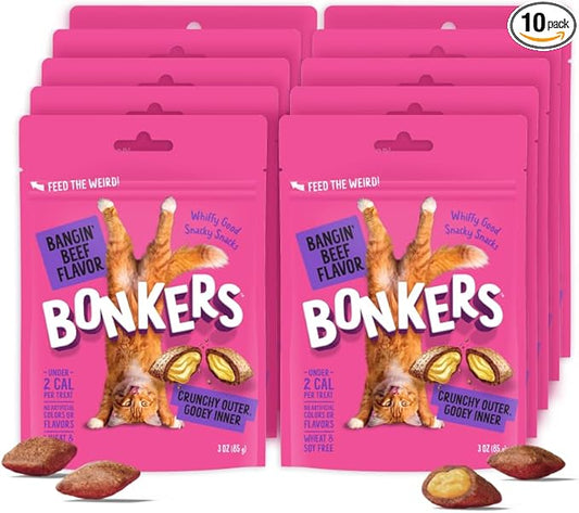 Bonkers Bites Bangin' Beef Flavor Crunchy & Soft Treats for Cats, 3oz Bag (Pack of 10)