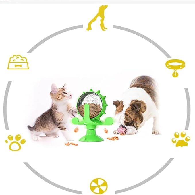 Food Spinning Windmill, Windmill Dog Treat Dispenser, 360°Rotating Treat Dispenser Toy with Suction Cup, Fun Multi Layer Rotating Turntable for Pet Toys (Yellow+Green)