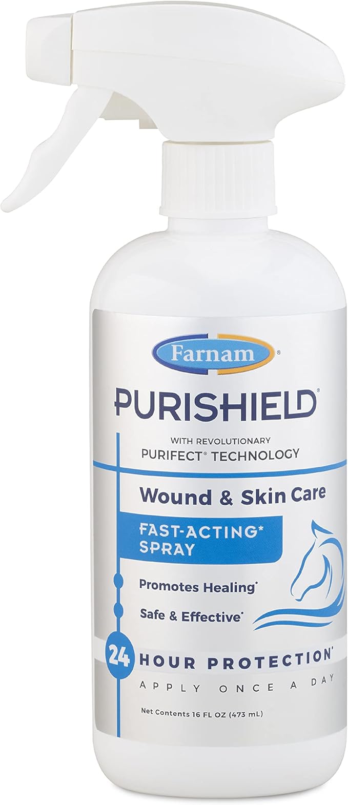 Farnam Purishield Wound & Skin Fast Acting Spray, All-purpose cleaner with 24 hour protection promotes healing and skin repair for horses, dogs, cats and livestock, 16 Ounces