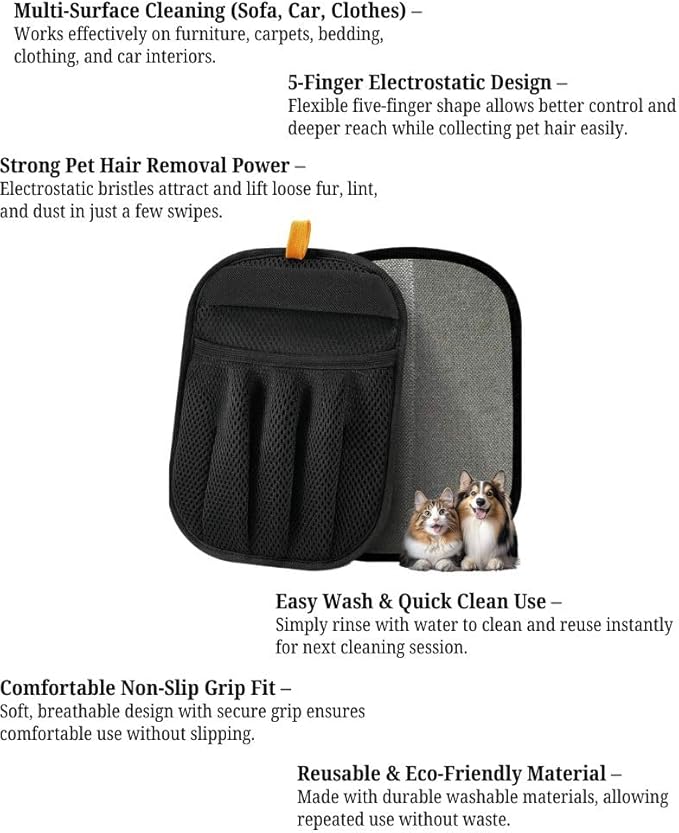 Large Pet Hair Removal Gloves for Cats (3pcs) Electrostatic Magic Brush for Clothes, Beds, Sofa, Carpets | Reuseable | Thickened Newly Upgraded | Fur Remover Mitt for Dogs, 2 Gloves + 1 Lint Scraper