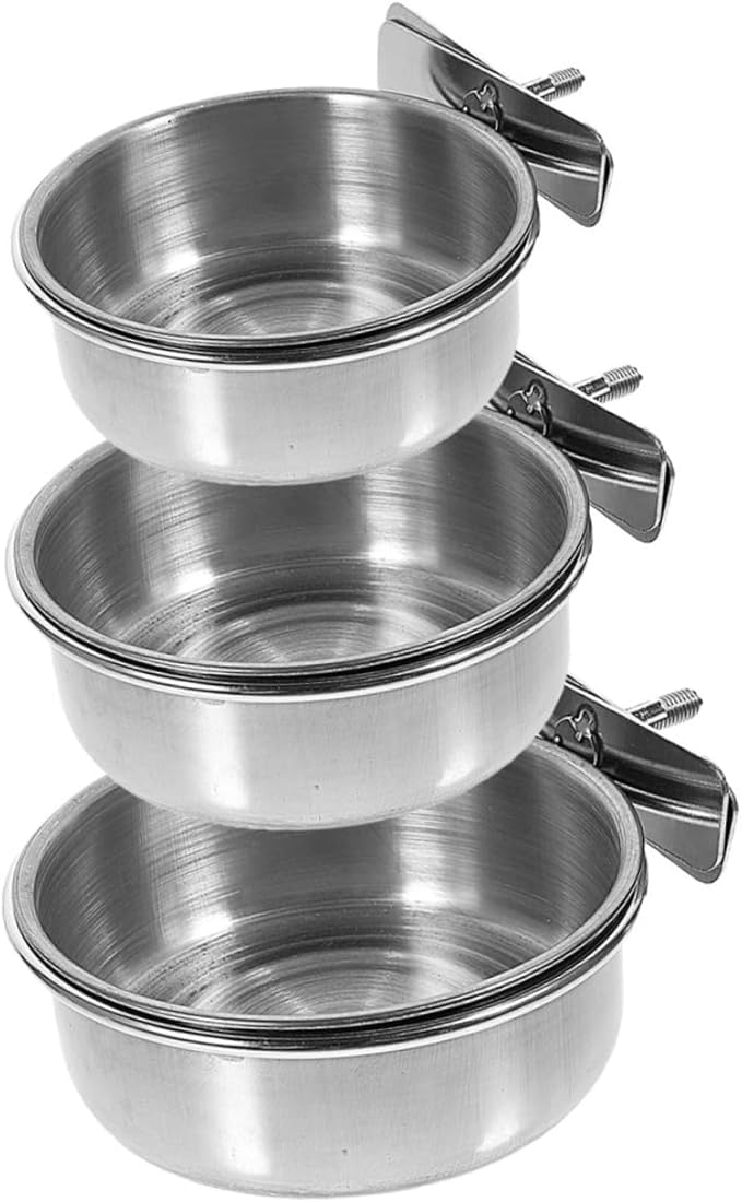 POPETPOP 3pcs Stainless Steel Bird Feeding Cups for Parrots Washable Hanging Food and Water Basins for Bird Cages Pet Supplies Easy Installation