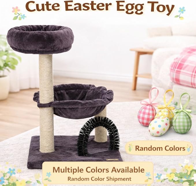 Simple Deluxe 27.8" Small Cat Tree with Easter Eggs,Multi-Level Cute Cat Tree with Scratching Post| Plush Hammock| Perch| Random 3 Pcs Easter Eggs| Groomer Brush for Kittens Play & Rest