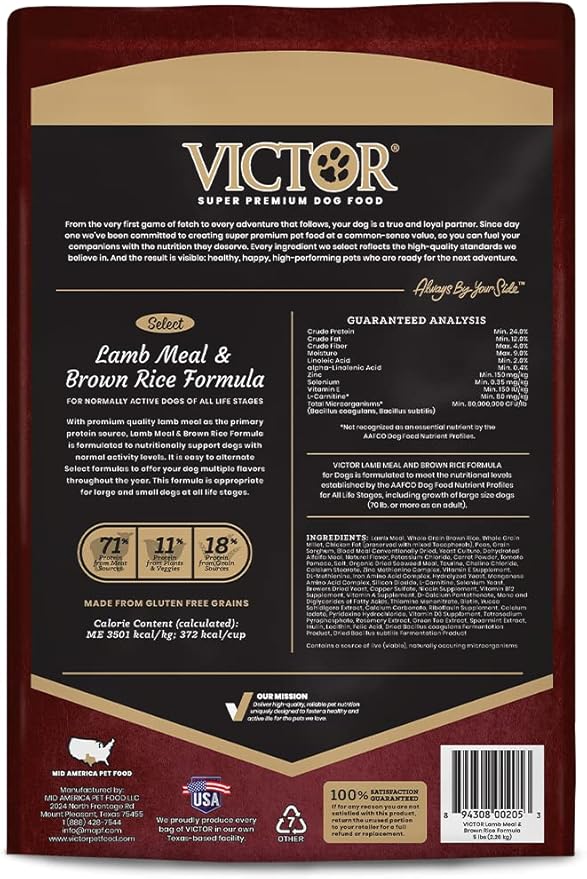 VICTOR Super Premium Dog Food – Lamb Meal & Brown Rice Formula - Gluten-Free Dry Dog Food for All Normally Active Dogs of All Life Stages – Ideal for Dogs with Meat Protein Allergies, 5 lb