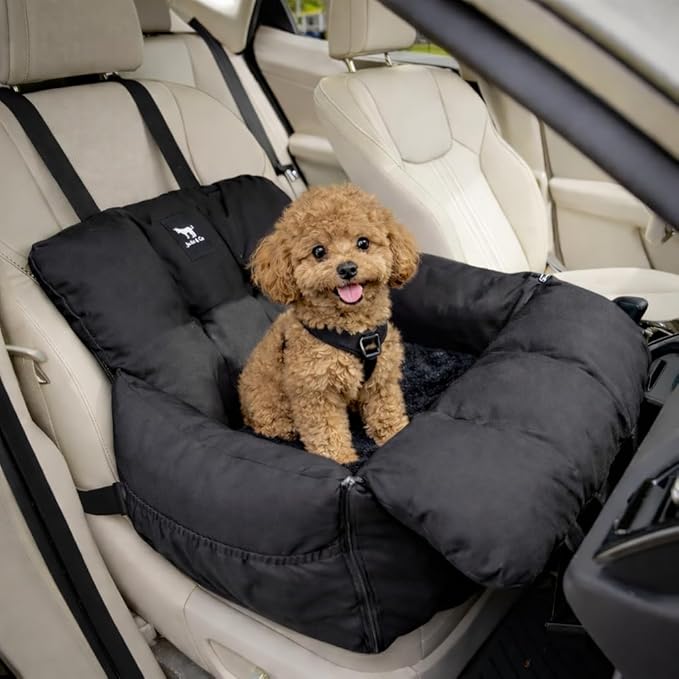 JACKO & CO Premium Dog Car Seat – Safe & Cozy Travel Bed Carrier for Small Dogs, Puppies, Pets, Clip-On Leash, Storage Pockets, Water-Resistant, Machine Wash (Black, Removable - Small (1-25lbs))