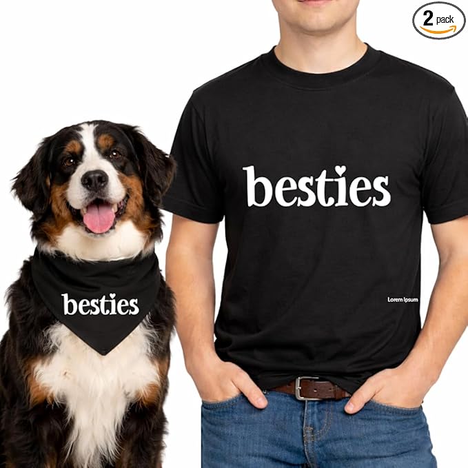 Besties Best Friends Matching Set Dog Bandana & Adult Unisex Short Sleeve Tee Shirt SS, Black, Medium 552