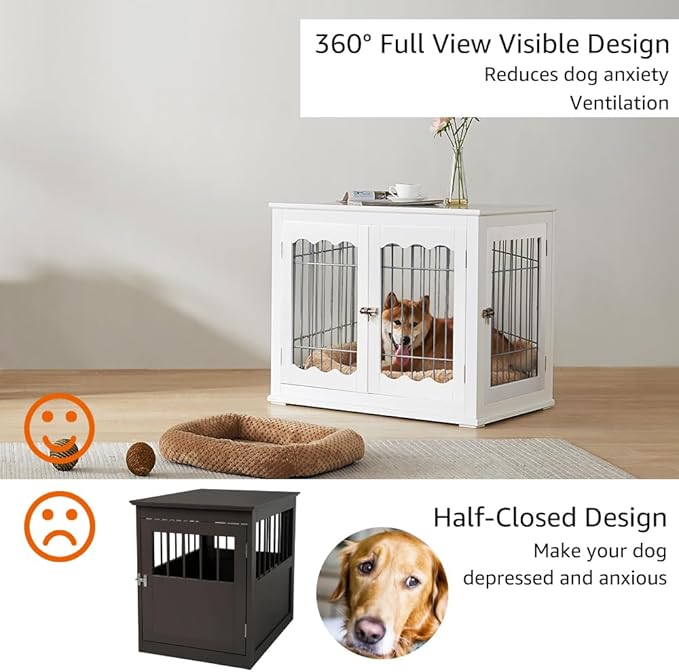 unipaws Furniture Style White Dog Crate for Medium Large Dogs, Indoor Aesthetic Dog Stuff Kennel, Modern Decorative Wood Wire Pet House Dog Cage, Pretty Cute End Side Table Nightstand…