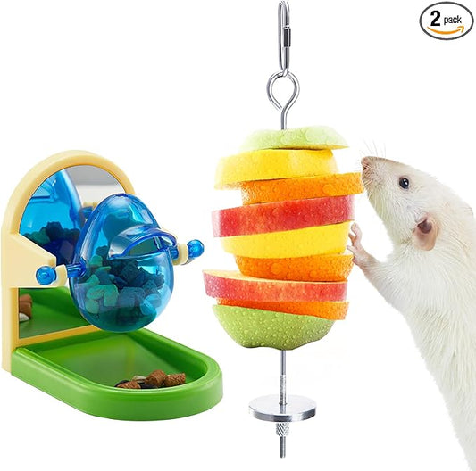 2Pcs Rat Enrichment Toys Set - Stainless Steel Fruit/Veg Holder & Treat Dispenser, Interactive Foraging Puzzle Toys for Rats/Mice/Birds, Cage Accessories with Hanging Feeder & Intelligence Game