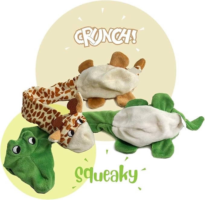 Trenton Gifts Extra Long Stuffing Free Dog Toys with Squeaker. Set of 2. Giraffe and Alligator
