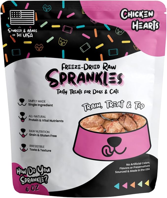 Freeze Dried Chicken Heart Treats for Cats & Dogs - 6 Oz Bag - Single Ingredient All Natural Grain-Free, High Protein, Made in USA - Perfect for Training, Topper or Snack (Chicken Hearts)