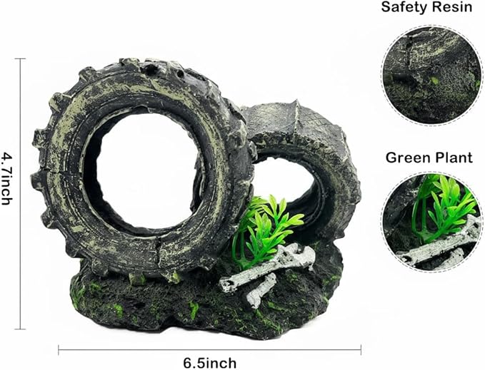 Mipukbay Fish Tank Decoration, Truck Wheel Aquarium Decor Hiding Cave Ornament for Freshwater/Saltwater, Safe Landscaping Rock Resin Decoration for Betta Fish, Goldfish and Aquatic Pets