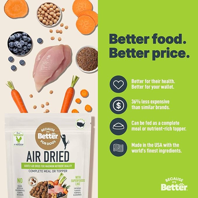 Because It’s Better Slow Baked & Air Dried Dog Food - Real Chicken & Veggies - Complete & Balanced Dry Dog Food - Grain Free, High Protein, Natural Nutrition for All Life Stages, 3 lb Bag