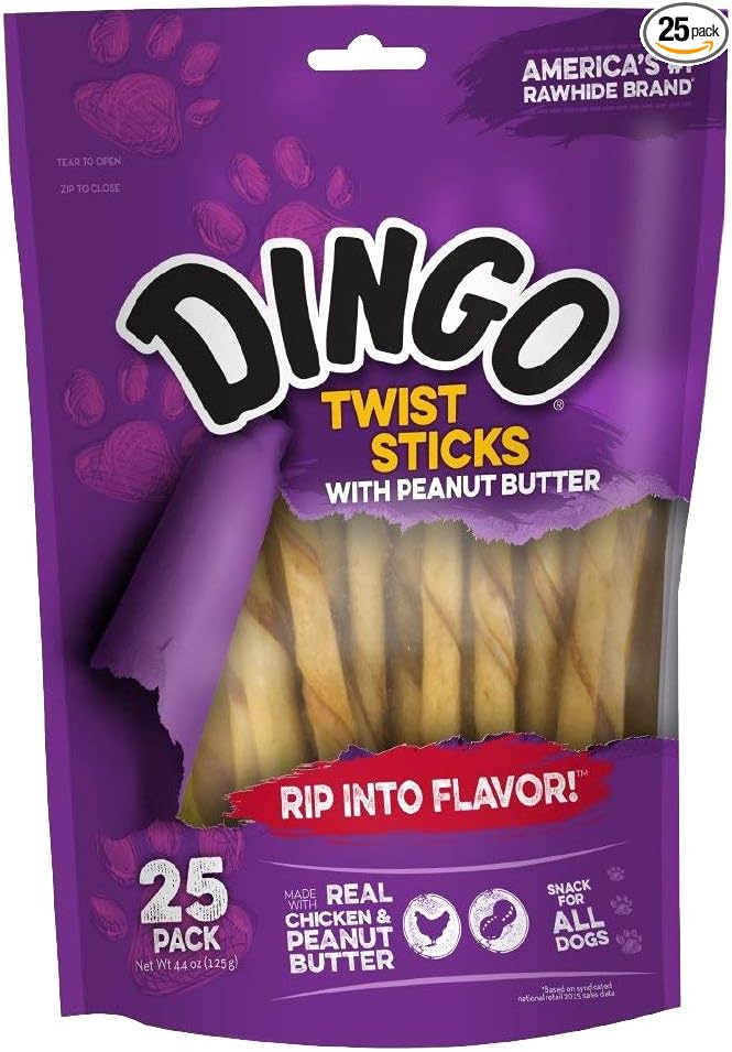 Dingo Twist Sticks with Peanut Butter; Rawhide Treats for Small, Medium, and Large Dogs 25-Count