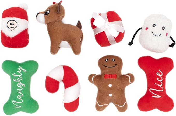 ZippyPaws Holiday Miniz - Interactive Dog & Puppy Toys for Boredom, Stimulating Pet Products to Keep Them Busy, Plush Refills for Hide & Seek Puzzle, Enrichment Squeaky Toys - Mixed 8 Pack
