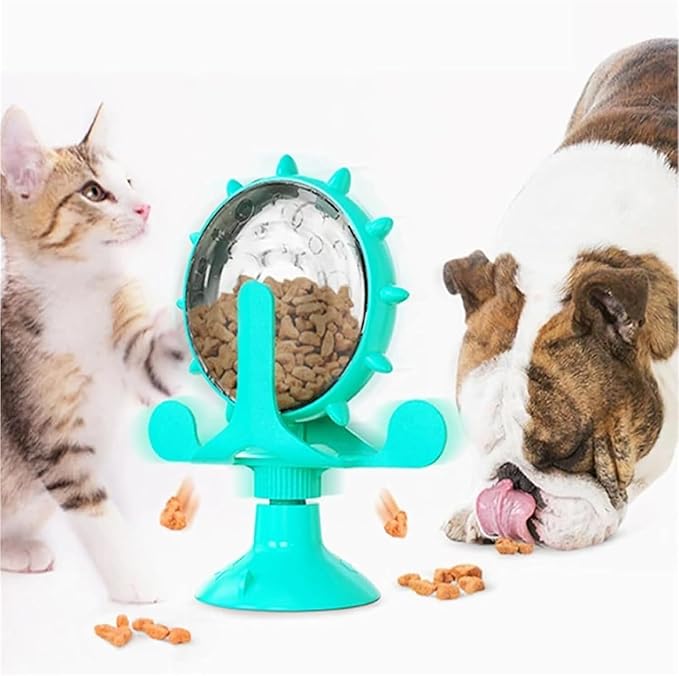 Food Spinning Windmill, Windmill Dog Treat Dispenser, 360°Rotating Treat Dispenser Toy with Suction Cup, Fun Multi Layer Rotating Turntable for Pet Toys (Yellow+Green)