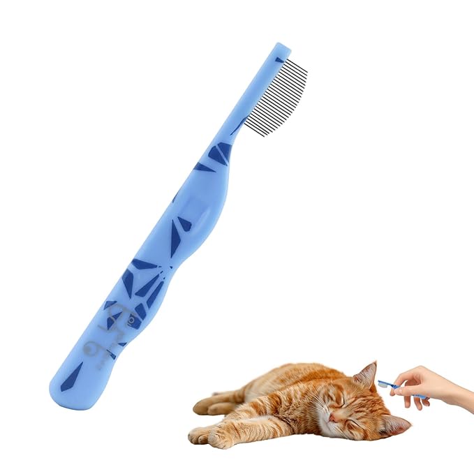 Andiker Small Dog Comb, Cat Comb with Curved Stainless Steel Rounded Tips Fine Tooth Ergonomic Handle Practical Pet Comb for Dogs Cats Grooming Removing Tear Stain (Blue)