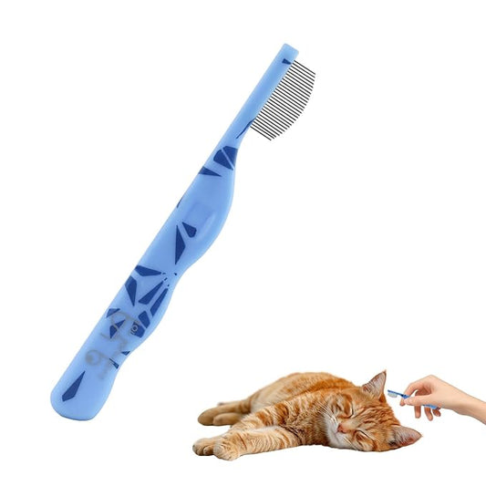Andiker Small Dog Comb, Cat Comb with Curved Stainless Steel Rounded Tips Fine Tooth Ergonomic Handle Practical Pet Comb for Dogs Cats Grooming Removing Tear Stain (Blue)