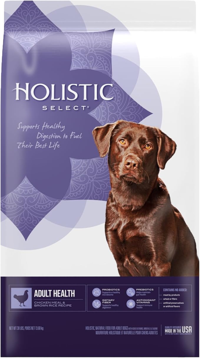 Hollistic Select Adult Dry Dog Food, Wholesome Grain Kibble, Natural, Chicken Meal and Rice Recipe, 30 lb Bag