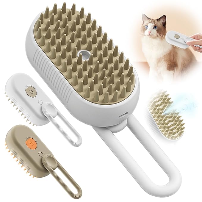 Defur Comb for Cats Dogs, 3 in 1 Steam Cat Brush Cat Steam Brush for Shedding & Grooming, Self Cleaning 3 in 1 Pet Brush Pet Grooming Brush with Spray (White)