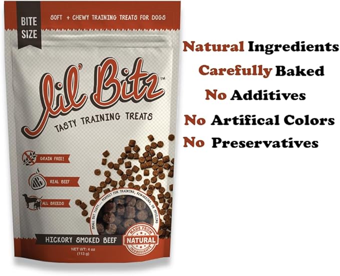 Lil' Bitz Soft & Chewy Training Treats for Dogs, Bite Size Reward Treats for Training & Positive Reinforcement, Grain Free Dog Treats Made with Real Beef, Hickory Smoked Beef Flavor, 4 oz Bag