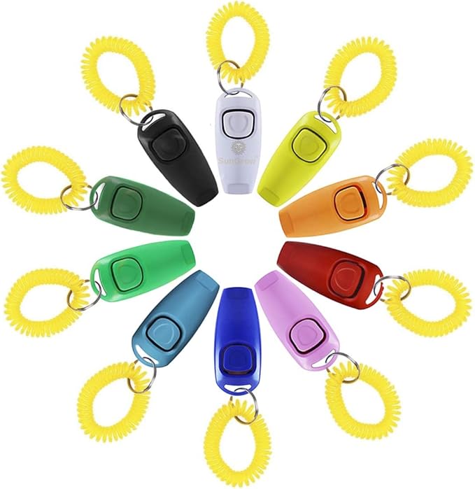 SunGrow Parrot Training Clickers with Black Wrist Strap, Pet Bird Clickers Training Kit, Flat Drop-Shape Button (Multicolored, 10)