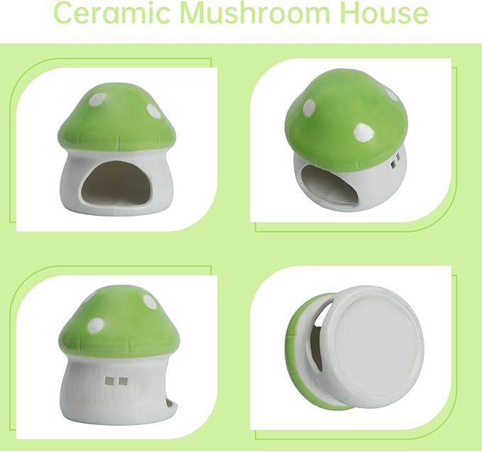 AnRui Ceramic Mushroom Aquarium Decor Cute Mini House Betta Fish Tank Accessories Decoration Hideaway Hideout Cave Ornament for Small Fish, Shrimp, Goldfish and Reptiles (Green, Large)