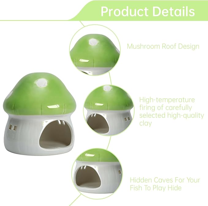 AnRui Ceramic Mushroom Aquarium Decor Cute House Betta Fish Tank Accessories Decoration Hideout Cave for Small Fish, Shrimp, Goldfish and Reptiles, Easy to Clean (Green, Small)