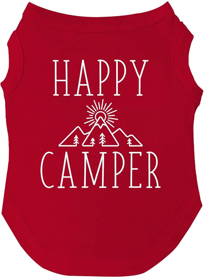 Happy Camping Dog Tee Shirt | Sleeveless Breeds | Summer | Outdoors | Travel | Hike |Red, Medium 278